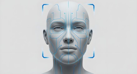 Humanoid face with electronic circuit on white background