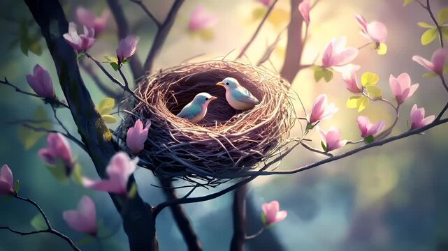 A vivid, digitally rendered scene of a birds nest surrounded by blooming flowers. The main subject is a pair of blue birds, each with a distinctively colored plumage.