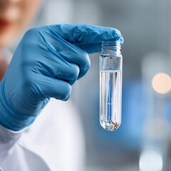 scientist in gloves holds a test tube of clear liquid in a laboratory setting.