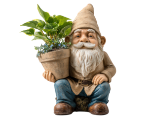 Garden gnome statue holding flower pot with green leafy plant, whimsical decor element, cheerful expression, perfect for outdoor or indoor decoration