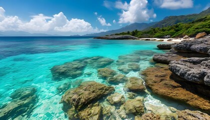 Fototapeta premium Turquoise water laps against rocky shores with mountains and lush vegetation in the background under a partly cloudy sky.