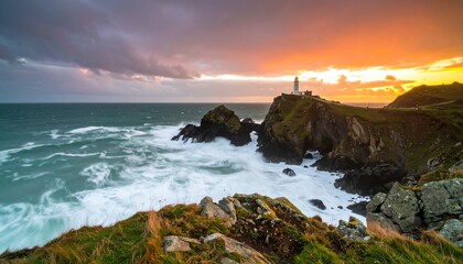 Naklejka premium Dramatic Sunset over Coastal Lighthouse with Crashing Waves and Rocky Cliffs