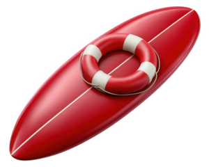 Red surfboard white stripe and lifebuoy evoke adventure safety and excitement perfect for water sport beach or summer themes photorealistic and vibrant design