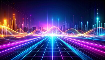 Techno-futuristic background featuring pulsating digital streams, radiant neon meshes, and futuristic glow