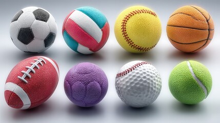 Diverse Sports Balls Including Soccer, Volleyball, Baseball, Basketball, Football, Handball, Golf, and Tennis, Neatly Arranged on Light Grey Background for Sports Equipment Showcase