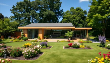 A modern, low-slung building with large windows sits amid lush, colorful garden.