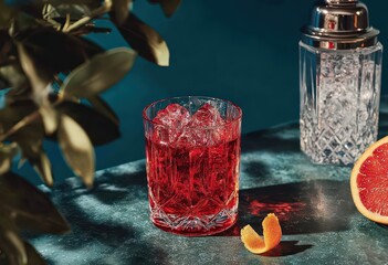 Elegant Red Cocktail In A Glass With Ice Cubes On Dark Background