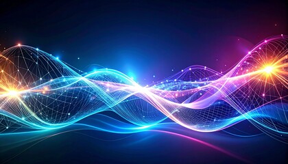 Techno-futuristic background with luminous neon patterns, streaming particles, and shifting waveforms