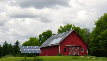 Obraz premium Red barn with solar panels on a grassy field under a cloudy sky.