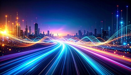 Fototapeta premium Techno-futuristic background with radiant circuit grids, flowing data waves, and luminous energy pulses