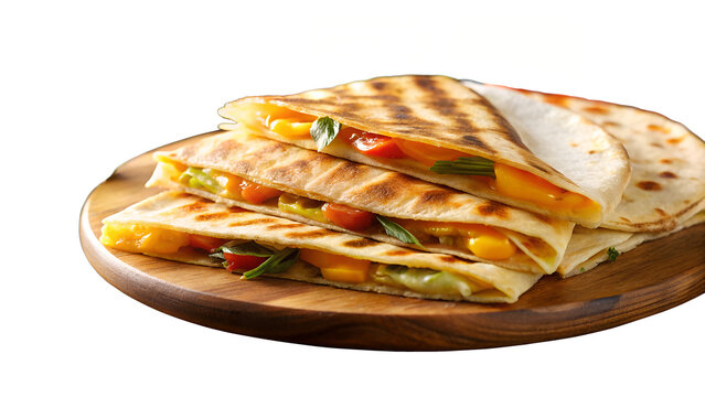 A stack of quesadillas on a wooden plate with visible fillings and grill marks on the tortillas - Powered by Adobe