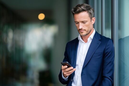 Focused executive checking important update on smartphone near office window. Professional businessman in navy suit standing alone in modern hallway during quiet work moment