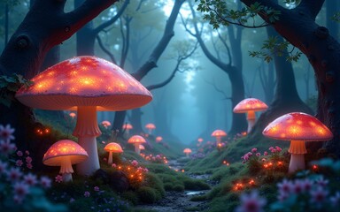 a fantastic fairy tale forest with glowing plants and mushrooms. High quality
