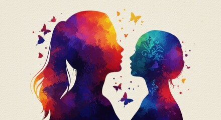 Abstract Multicolor Human Silhouettes with Butterflies and Nature Elements