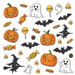 Cute halloween illustrations featuring pumpkins ghosts witches and candy