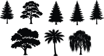 Tree silhouette vector pack, forest pine trees, oak, palm, willow icons, black nature clipart, botanical landscape element design