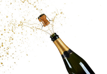 Celebration uncorked champagne bottle explosion studio setting high-speed bright isolated PNG