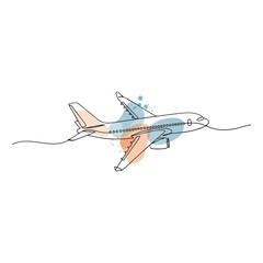 Single line drawing of an airplane with abstract watercolor splashes in peach and blue aircraft travel