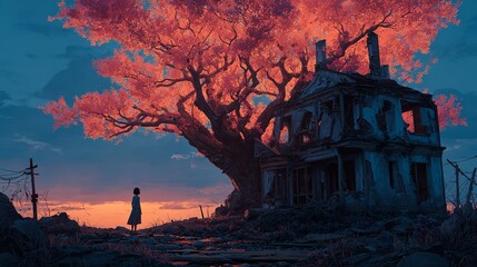 Solitude at Sunset: An Abandoned House Overgrown With Nature's Embrace and Child Contemplation