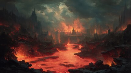 Fototapeta premium Dramatic Infernal Realm with Rivers of Fire and Brimstone