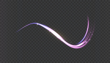 Curved purple light trail with bright energy flow and smooth glowing arc on transparent background. Dynamic vector light effect for futuristic design, game interface, visual effects.