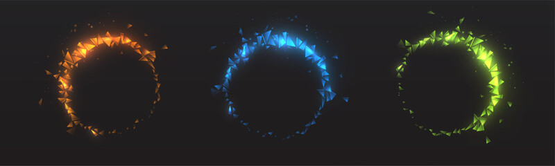 Glowing particle rings in orange, blue and green made of triangular shards on dark background. Suitable for sci-fi effects, abstract visuals, fantasy energy loops, and digital motion graphics. © MAKSYM