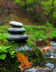 Stacked stones in a mossy forest stream