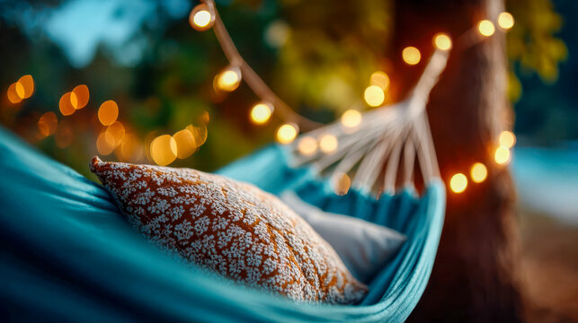 Cozy hammock with pillows under a tree, lit by glowing string lights at dusk