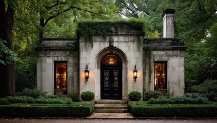 Elegant Stone House Exterior With Lush Landscaping