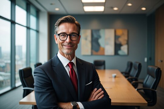 Portrait of a confident businessman with arms crossed in a modern office setting indoors - Powered by Adobe