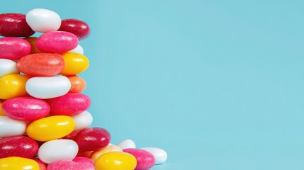 A pile of colorful oval candies, in colors like red, yellow, pink, white, and orange, tilted and stacked on a light blue background, with a blank space on one side, showing the diverse colors and inte