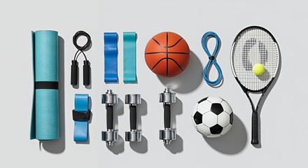 Fitness Equipment Flatlay: A Diverse Collection of Sports and Exercise Gear