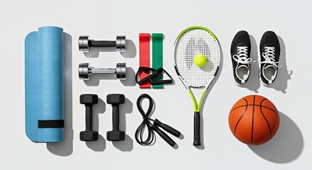 Fitness Equipment Flatlay: Yoga Mat, Dumbbells, Resistance Bands, Tennis Racket, Sneakers, Jump Rope, Basketball
