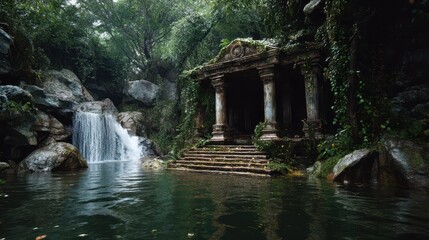 Hidden Jungle Temple Behind Waterfall in Lush Greenery