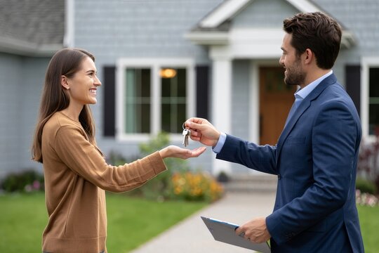 Woman receiving keys from real estate agent in front of a house with green lawn outside - Powered by Adobe