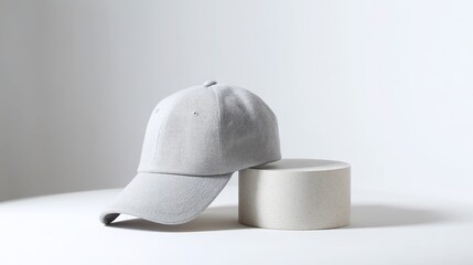 Gray textured baseball cap on light - colored table in indoor space with blurred background, highlighting material and details for fashion, outdoor, and hat product display