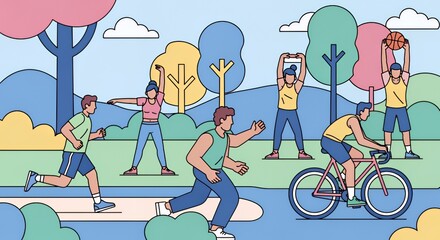 Active Lifestyle in a Picturesque Park:  A Vibrant Illustration of Outdoor Fitness and Recreation