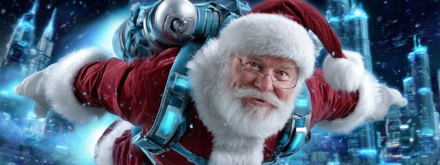 Santa Claus flies above a futuristic city with a jetpack during a snowy winter evening