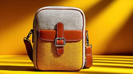 Yellow - and - gray crossbody bag with brown leather buckle, placed against warm yellow light - shadow background, showcasing retro - fashion style with unique color matching and texture