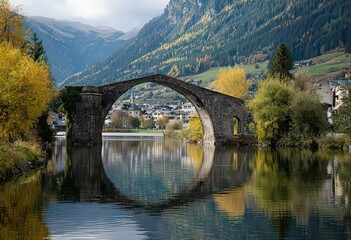 Autumnal Stone Arch Bridge Reflecting In Mountain Valley