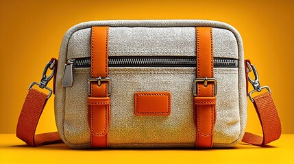 Beige woven crossbody bag with orange leather decorations and double buckles, placed against bright yellow background, showing fashionable and exquisite details