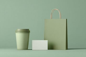 mockup image: set of blank cafe items( coffee cup, paper shopper bag, business card) with modern minimalist matcha green background. best use for branding and building a visual identity for cafe,