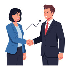 Business Deal: A successful business deal is sealed with a handshake between a businessman and businesswoman, symbolizing partnership and progress with an upward trend line in the background.