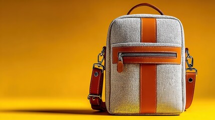 Beige woven crossbody bag with brown leather decorations and zipper pocket, placed against warm yellow background, showing minimalist and functional daily fashion style