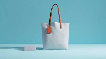 Light gray striped tote bag with brown leather handles and tag, placed against light blue background with white card, showing minimalist and fresh fashionable elegance
