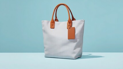 Light gray solid - color tote bag with brown leather handles and tag, placed against light blue background, showing minimalist and classic fashionable sense