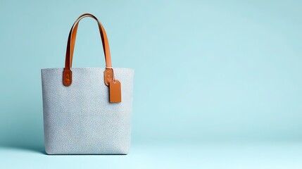 Light gray textured tote bag with brown leather handles and tag, placed against light blue background, showing chic and elegant style with unique texture