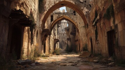 Naklejka premium Long Lost City Street with Fallen Arches and Nature's Touch