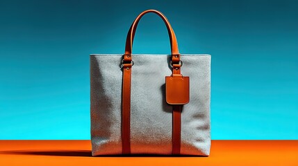 Light gray textured tote bag with brown leather decorations and tag, placed on blue - orange contrast table background, showing a style that combines practicality and aesthetics with minimalist design