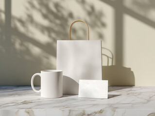mockup image:  set of blank cafe items( coffee cup, paper shopper bag, business card) with modern minimalist natural beige background. best use for branding and building a visual identity for cafe, 